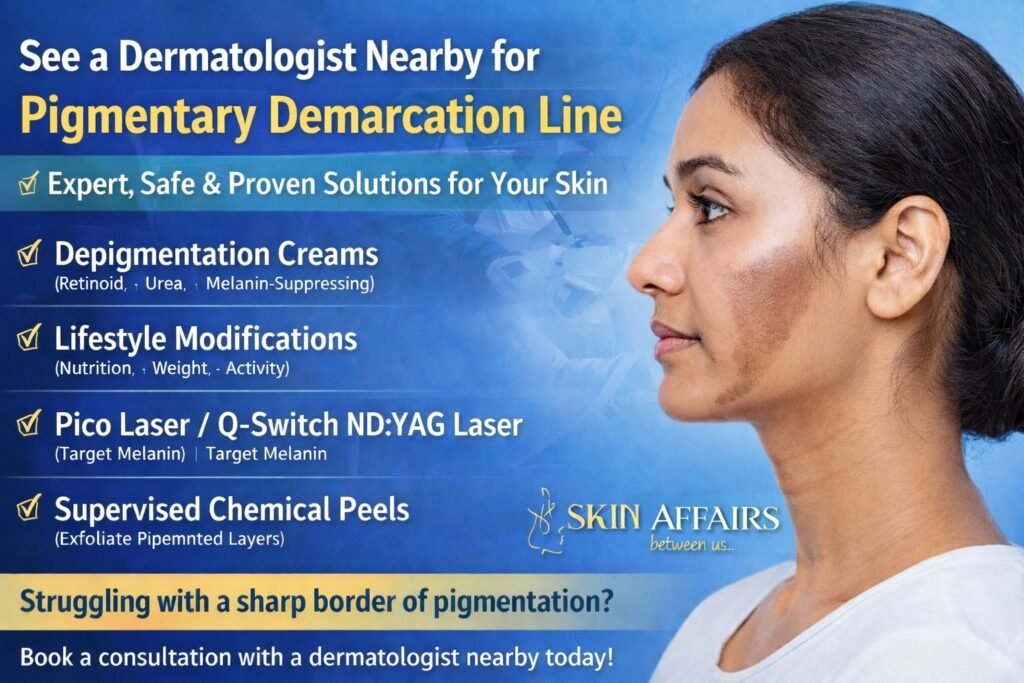 Dermatologist nearby treating Pigmentary Demarcation Line on facial skin