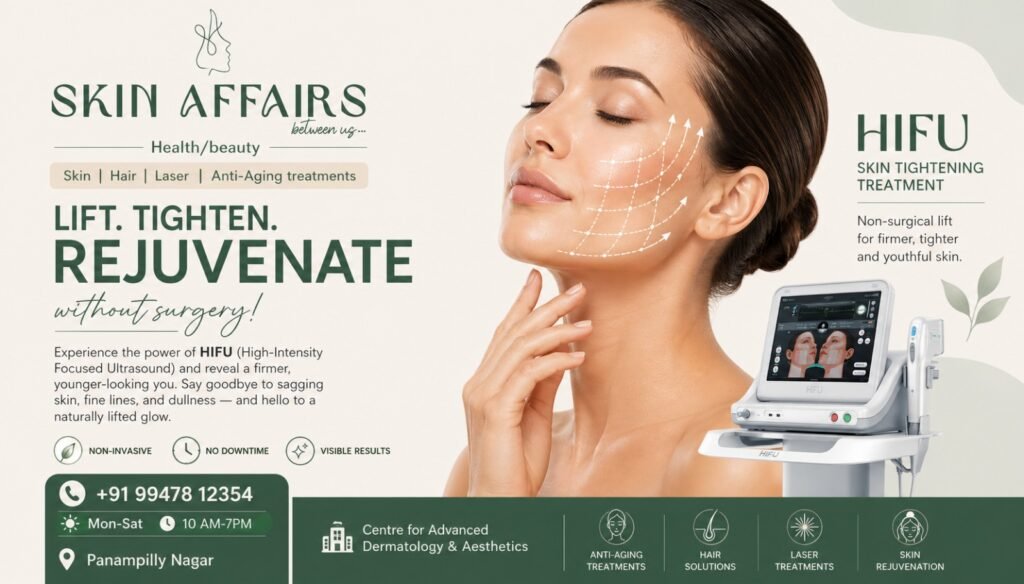 HIFU Skin Tightening Treatment poster by Skin Affairs Skin Clinic featuring non-surgical face lifting, anti-aging benefits, contact details, and clinic location in Panampilly Nagar.