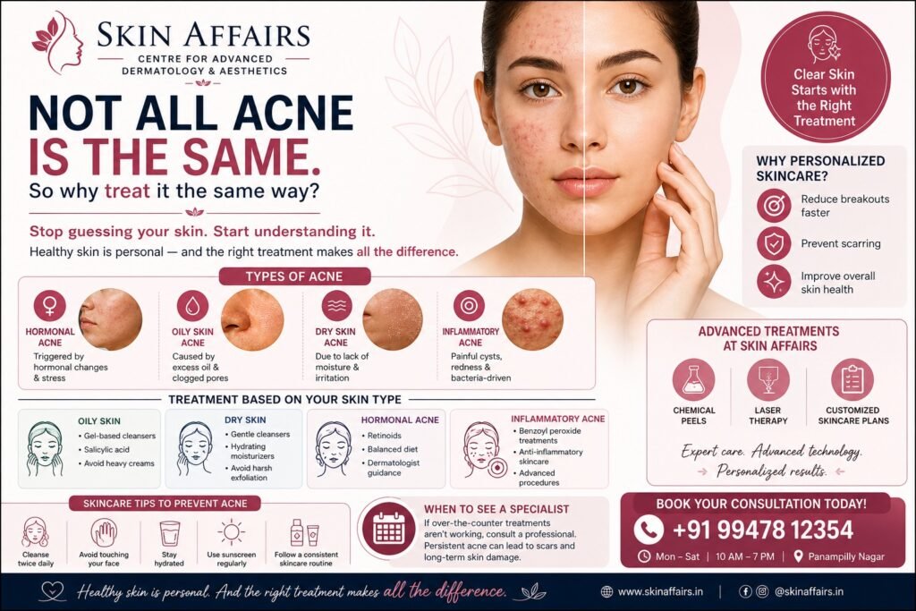 Acne treatment for different skin types poster showing hormonal, oily, dry, and inflammatory acne with personalized skincare solutions